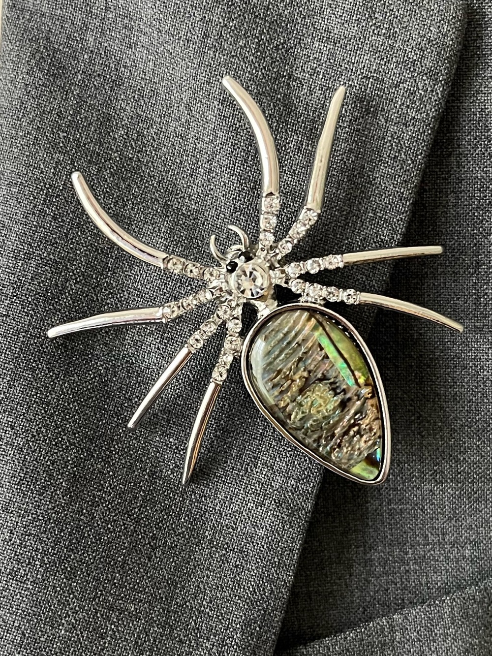 Vintage Silver Spider Brooch with Rhinestones & Iridescent Abalone Accent body